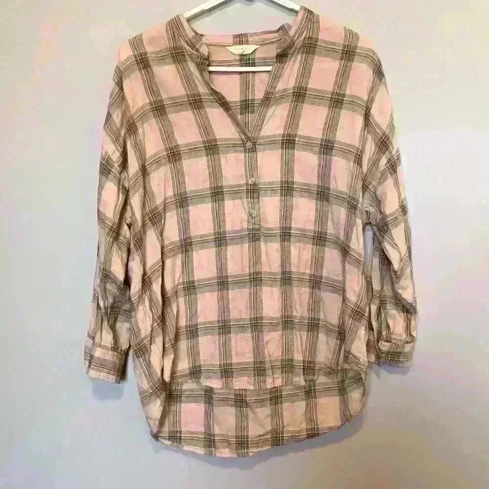 Woman's Lucky Brand size M Pink Navy 3/4 sleeve Cotton Pullover Front Buttons